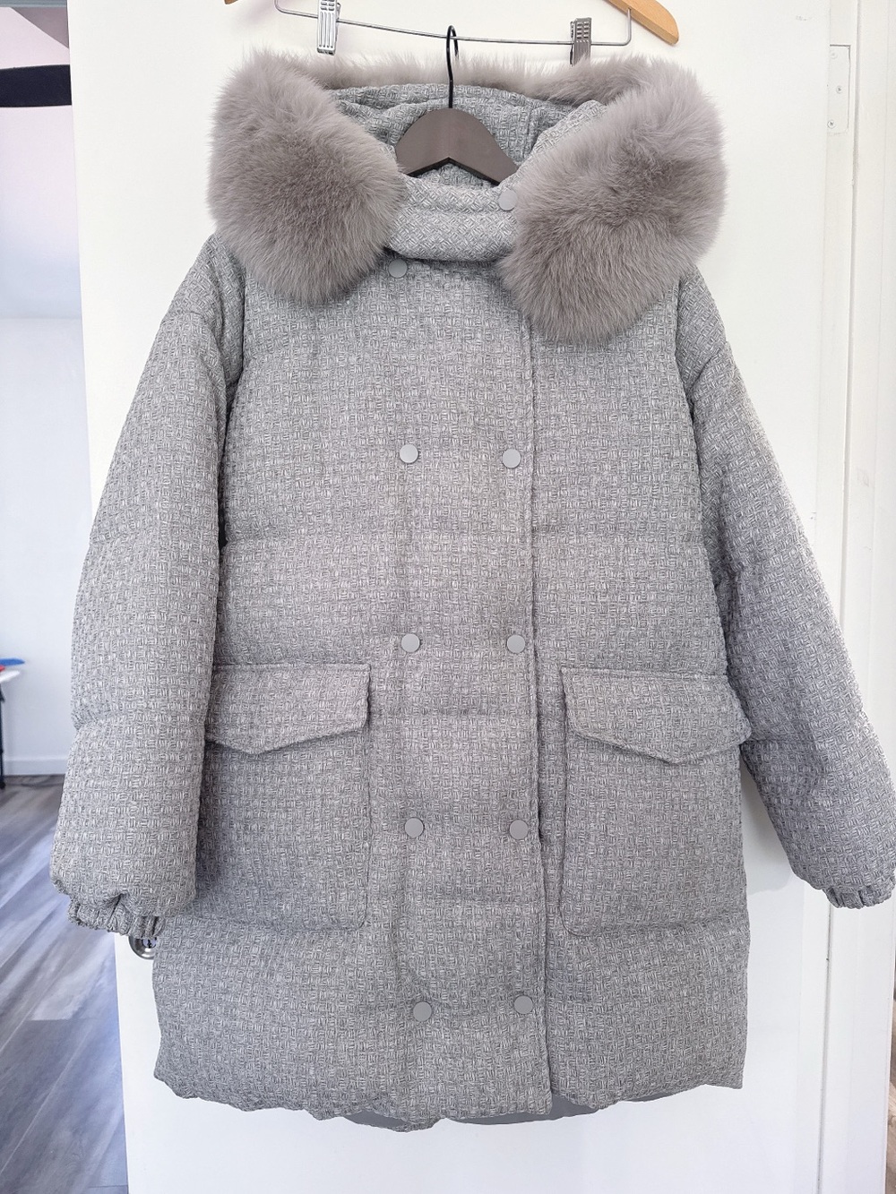 NWT Gray Faux Fur-Trim Down Puffer Coat Size M